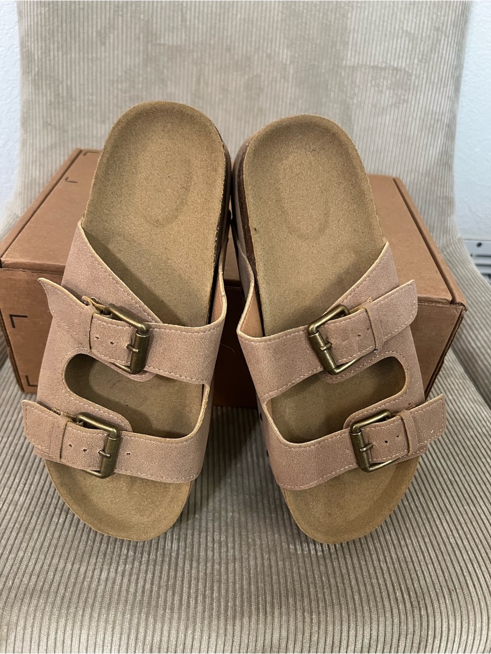 Taupe Double-Buckle Platform Slide Sandals - Picture 2 of 4